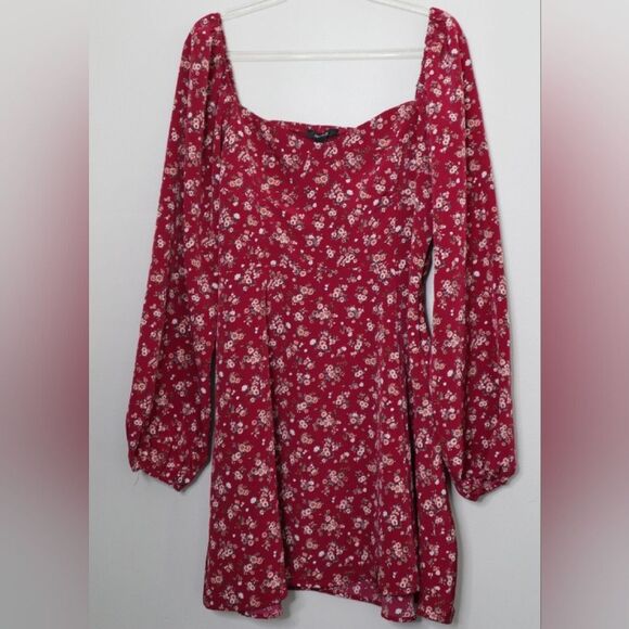 Forever 21 Red Square Neck Bishop Long Sleeve Midi Floral Dress - Picture 1 of 9